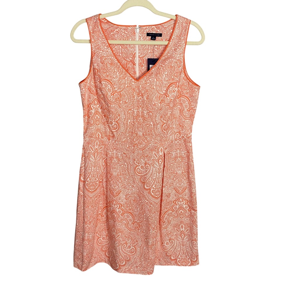 Tommy Hilfiger Orange White Paisley V-Neck Sleeveless Sheath‎ Dress Size 10 NEW